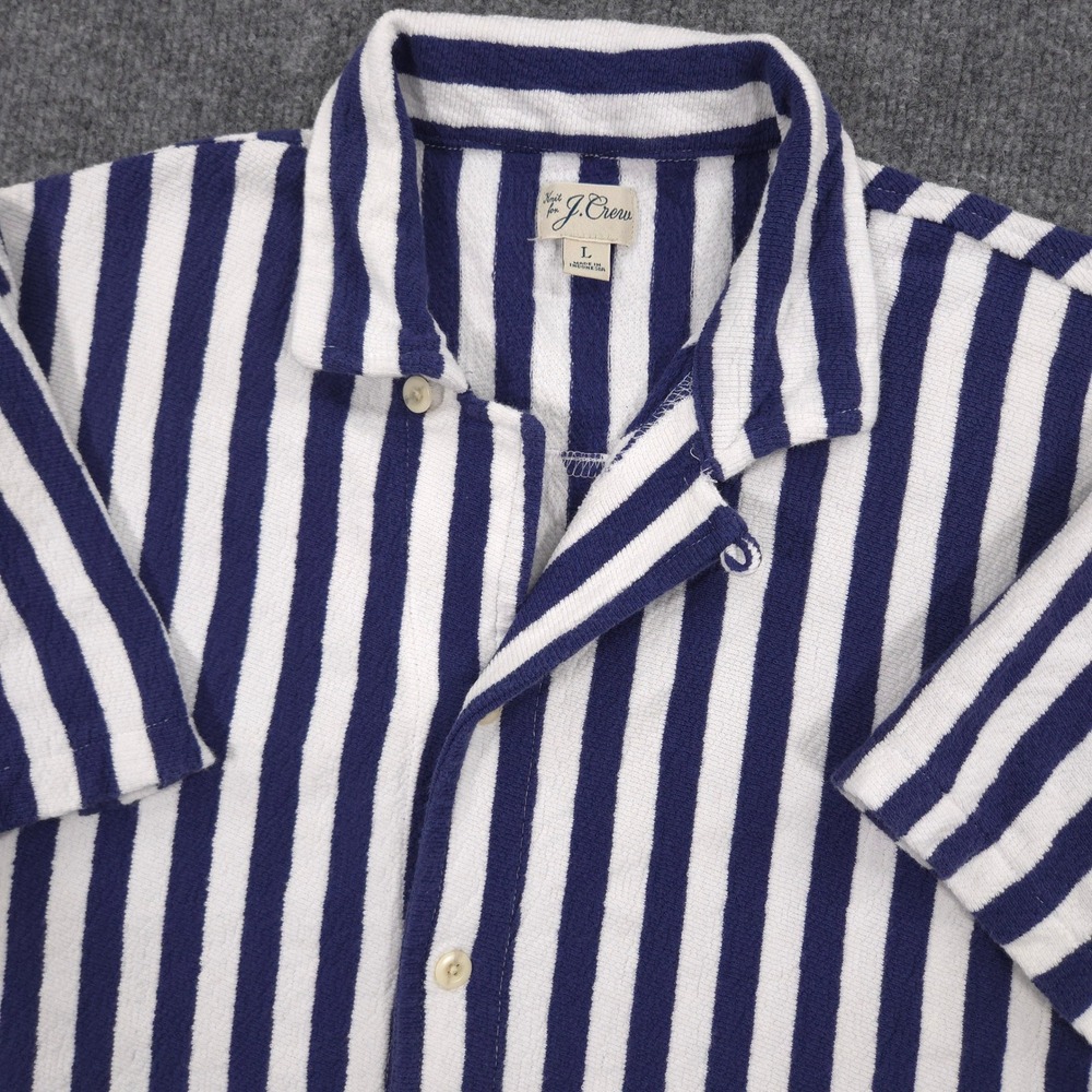 J Crew Camp Shirt Mens L Blue White Striped Loop Collar Knit Short Sleeve Preppy